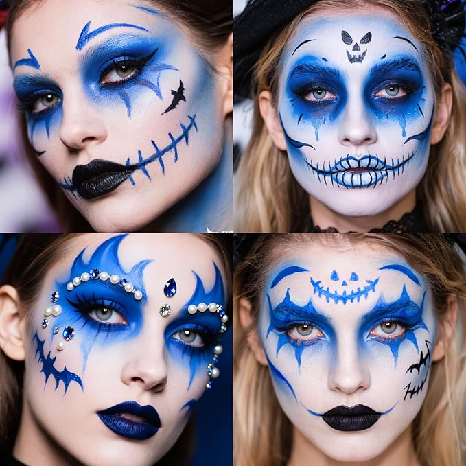 Blue Face Body Paint Kit for Kids & Adults, Non-Toxic Water-Based Professional Face Painting Palette with Brushes for Halloween Clown Goth Vampire SFX Makeup, Art Stage Cosplay Parties