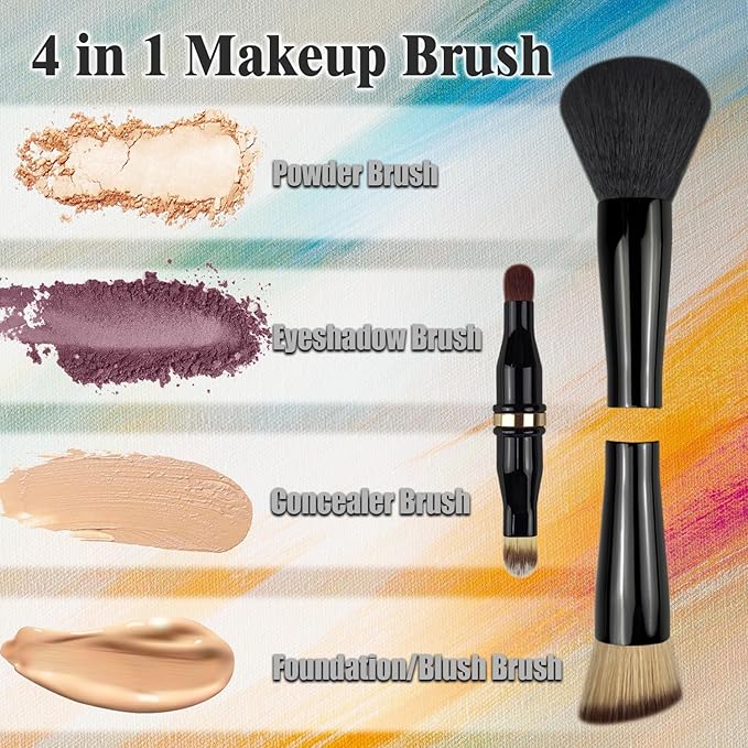 4 in 1 Makeup Brush, Travel Makeup Brush Set with Case, Mini Makeup Brushes, Powder Foundation Brush, Concealer Brush, Eyeshadow Brush, Dual Ended Makeup Brush for Liquid,Cream, Powder