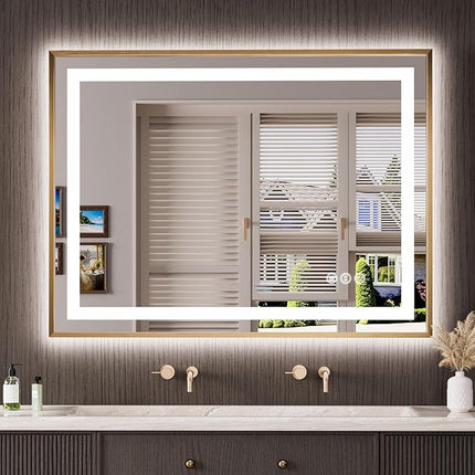 Amorho 48"X36" LED Bathroom Mirror Gold, Metal Framed Mirror with Front Light and Backlit, Stepless Dimmable, Anti-Fog, Shatter-Proof, Memory, 3 Colors