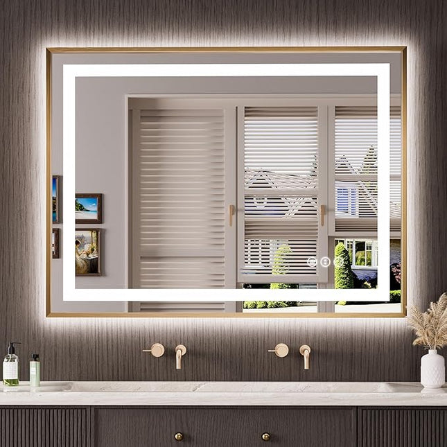 Amorho 48"X36" LED Bathroom Mirror Gold, Metal Framed Mirror with Front Light and Backlit, Stepless Dimmable, Anti-Fog, Shatter-Proof, Memory, 3 Colors