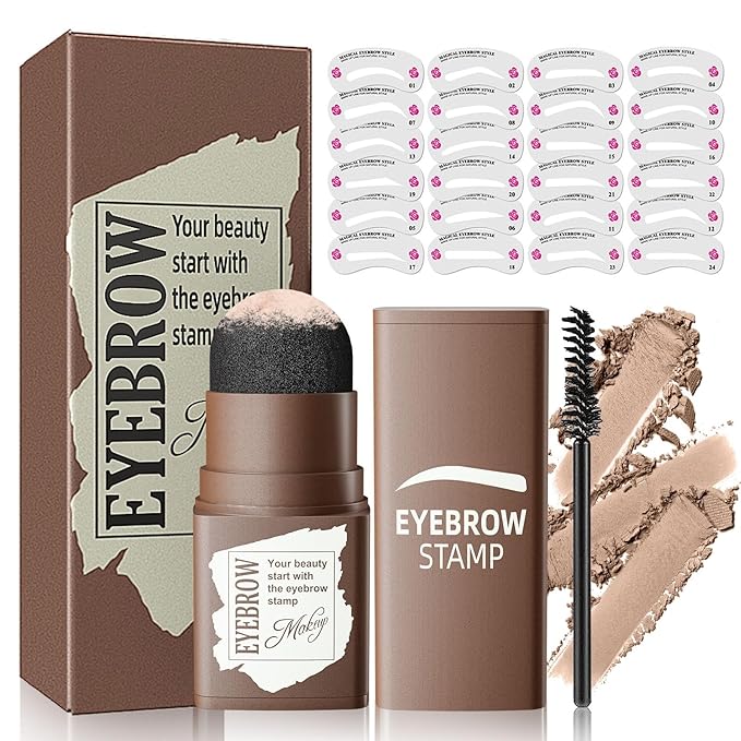 Eyebrow Stamp Stencil Kit - Eyebrow Powder and Eyebrow Stencils for Shaping with Eyebrow Brush, Long-Lasting Waterproof Brow Shaping Kit with 24 Reusable Thin & Thick Eyebrow Stencils (Light Brown)