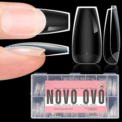 NOVO OVO Extra Thick Coffin Nail Tips Press on Natural Curve, Medium Soak Off Soft Gel Fake Nail Extension, Full Cover Matte Cuticle False Nails for Acrylic French, Salon DIY x 14 Sizes 336 pcs