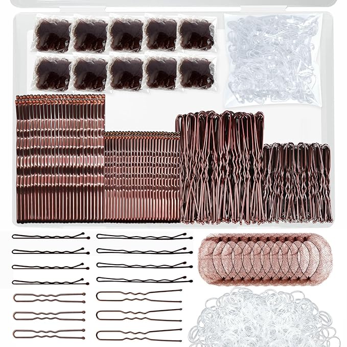 510PCS Brown Bobby Pins Hair Pins Kit with Hair Net, YINGFENG Includes 100 Bobby Pins for Women, 100 U-Shaped Buns Hair Clips, 300 Hair Bands and 10 Brown Hair Nets, Dance competition must haves