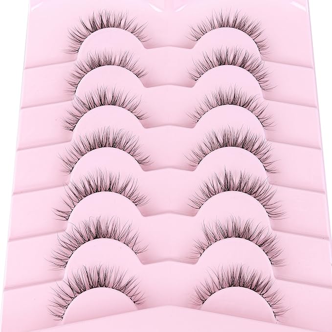Eyelashes Natural False Lashes 14mm Eye Lashes with Thin Band 3D Volume Fake Eyelashes C Curl Wispy Lashes Natural Look 7 Pair