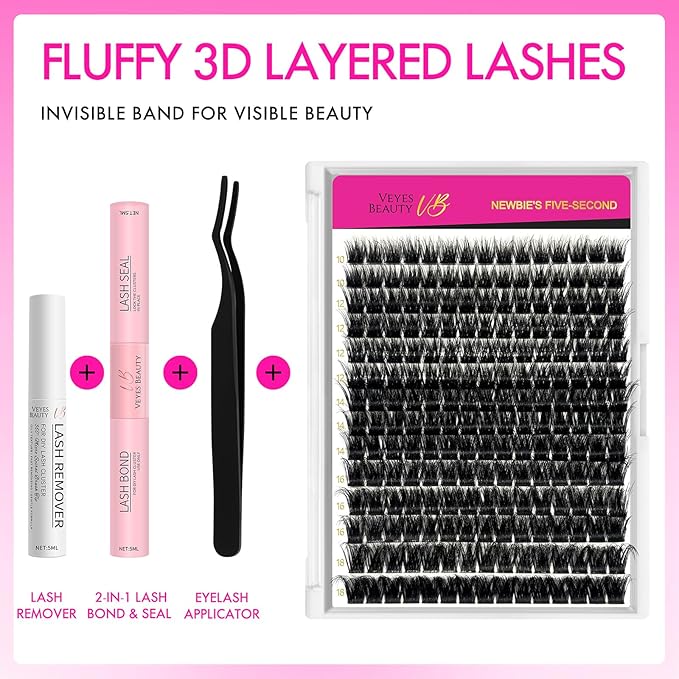 VEYESBEAUTY Lash Clusters Kit Fluffy Individual Lash Extensions Xtreme 3D Layered Volume Eyelashes kit Thin & Invisible Band Wispy Faux Mink Lash Mixed Length 10-18mm with Bond&Seal Remover Applicator