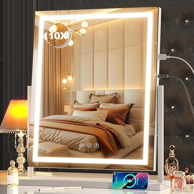 Hasipu Large LED Vanity Mirror 17"x22" - Makeup Mirror with 10X Magnification, Smart Touch 3-Color Lighting & Dimmable Control