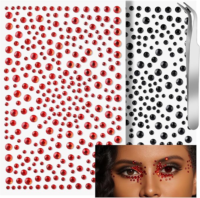 Teenitor Red and Black Face Gems Black Face Rhinestone Makeup Festival Face Jewels Red Stick On Gems, Self-Adhesive Rhinestone Set for Halloween Makeup