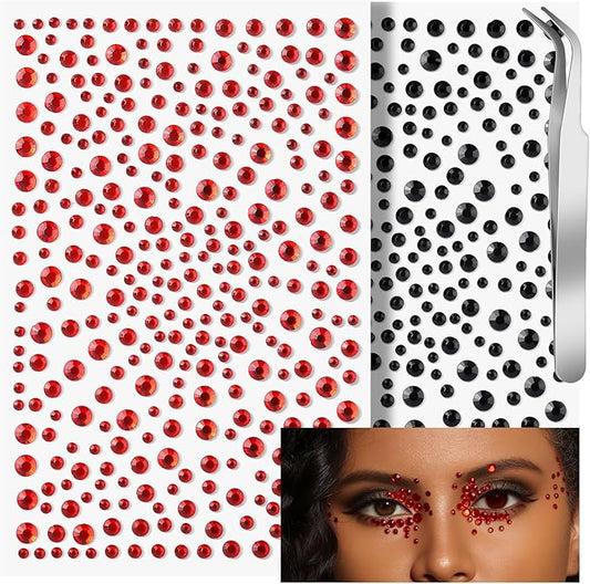 Teenitor Red and Black Face Gems Black Face Rhinestone Makeup Festival Face Jewels Red Stick On Gems, Self-Adhesive Rhinestone Set for Halloween Makeup