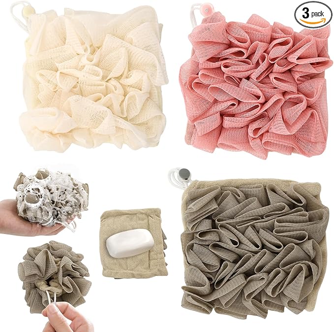 3 PCS Soap Bar Loofah,2 in 1 Bar Soap Loofah Pouch,Can Hold Soap,Effective Exfoliation,for Bathing (Khaki+ Beige+ Pink)