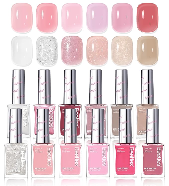 Beetles Nail Polish Set - 12 Colors Jelly Pink Quick Dry Nail Polish Glitter Nail Polish Kit Air Dry Serenely Chic Fingernail Polish Diy Nail Art Set Home