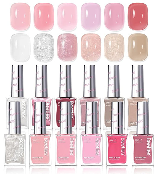 Beetles Nail Polish Set - 12 Colors Jelly Pink Quick Dry Nail Polish Glitter Nail Polish Kit Air Dry Serenely Chic Fingernail Polish Diy Nail Art Set Home