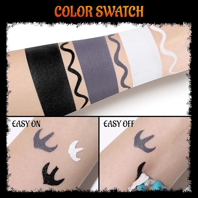 Black White Grey Face Body Paint with Applicator, Oil Based Face Painting Kit for Halloween Skeleton, Skull, Gothic Makeup, Costume Parties, Dress Up, Cosplay, Stage & Special FX Makeup - Travel Size