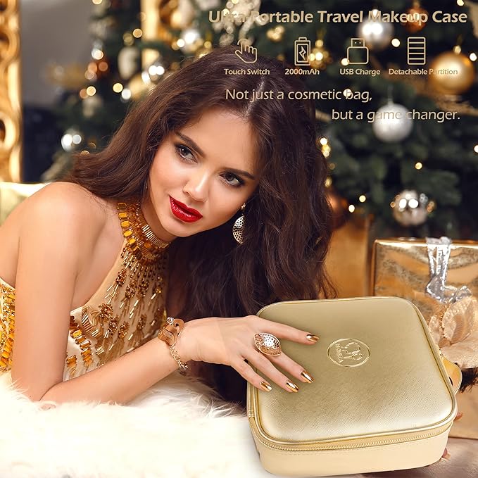 MOMIRA Travel Makeup Bag Cosmetic Bag Makeup Organizer Bag with Lighted Mirror, Adjustable Brightness in 3 Color Scenarios, Waterproof Makeup Train Case, Gift for Women - Golden