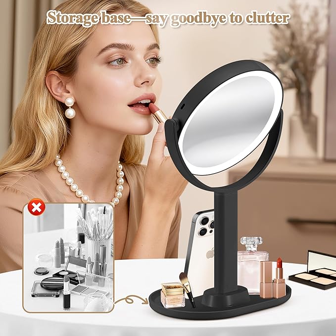 Makeup Mirror with Lights, Double Sided 1x/30x Magnifying Mirror with Light, Rechargeable 3 Color Lights and Adjustable Brightness, 360° Rotation Detachable Comes with Tweezer(Black 30X)
