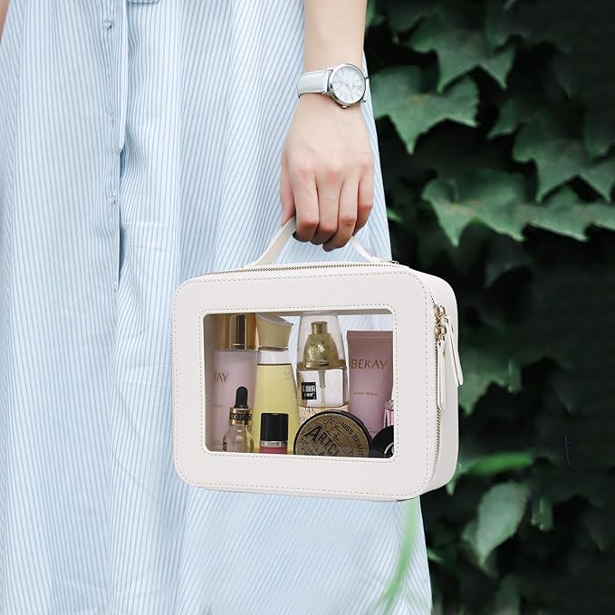 Pinkmik Clear Makeup Bag for Women Waterproof Travel Cosmetics and Toiletries Case Portable Makeup Oaganizer Bag Clear Car Bag with Zipper (White, L)