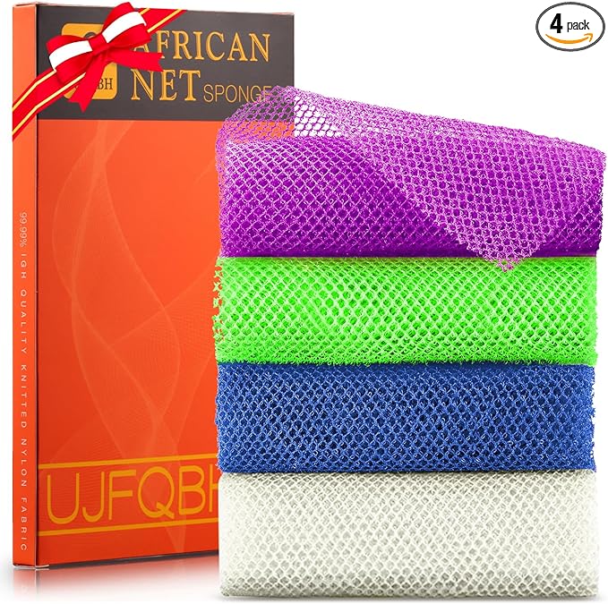 UJFQBH 4 Pieces African exfoliating net African Net Long Net Bath Sponge Exfoliating Shower Body Scrubber Back Scrubber Skin Smoother,Great for Daily Use (Purple, Blue, Green, White)