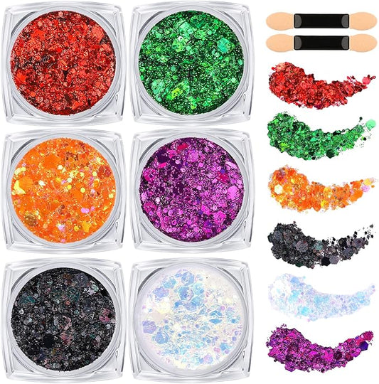 Teenitor 6 Colors Body Glitter Face Glitter for Women Kids, Halloween-Themed Color Face, Body Hair Glitter Gel, Sparkling Glitter Gel for Festival Concerts Cheer