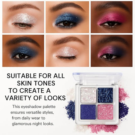 K'APEINE Glitter Shimmer Eyeshadow Makeup Palette, 4Colors Sparkle Eye Shadow Palettes Highly Pigmented Makeup Kit Long Lasting Waterproof Blendable Eyeshadow Palette