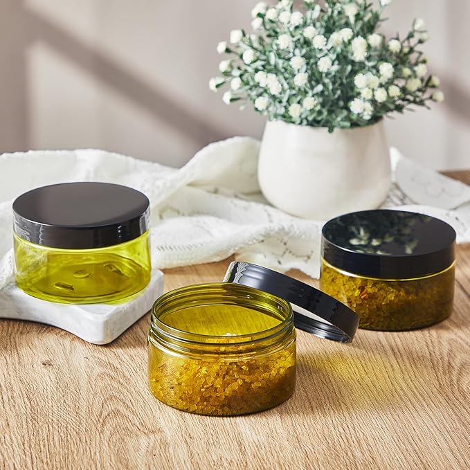 Dandat 24 Pcs 8 oz Plastic Jar Container with Lid and Label Refillable Empty Round Green PET Cosmetic Sample Containers for Lotion, Cream, Ointments, Body Butter, Makeup, Travel Storage