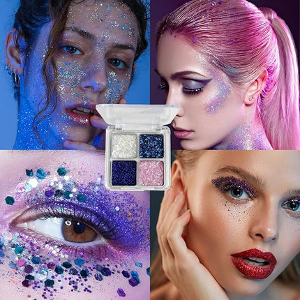 K'APEINE Glitter Shimmer Eyeshadow Makeup Palette, 4Colors Sparkle Eye Shadow Palettes Highly Pigmented Makeup Kit Long Lasting Waterproof Blendable Eyeshadow Palette
