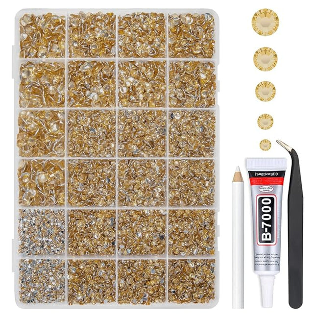 qiipii Champagne Golden Crystal Resin Rhinestones w B7000 Glue for Bedazzling Crafting 2mm-6mm Flatback Stones Diamonds Crystals Gems Bedazzler Kit Charms for Nails Face Makeup Tumblers Bottles Crafts