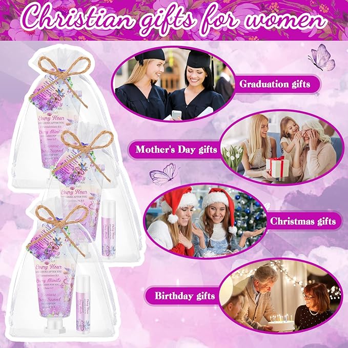24 Sets Christian Hand Cream and Lip Balm Gift Set Christmas Christian Gift for Women Travel Size Hand Lotion Bible Verse Lip Balm Bulk for Baby Bridal Shower Mom Holiday Gift(Cross)