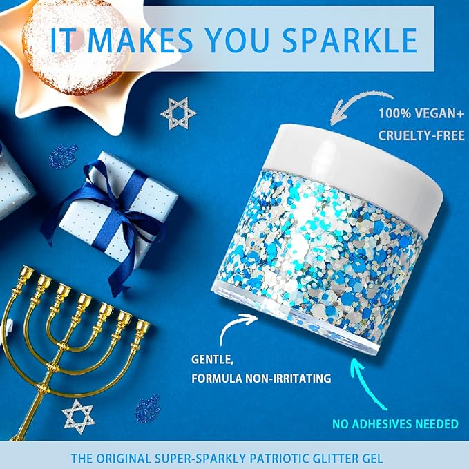 Hanukkah Glitter Gel for Body, Face, Hair and Lip, Color Changing Glitter Gel Under Light (Hanukkah)