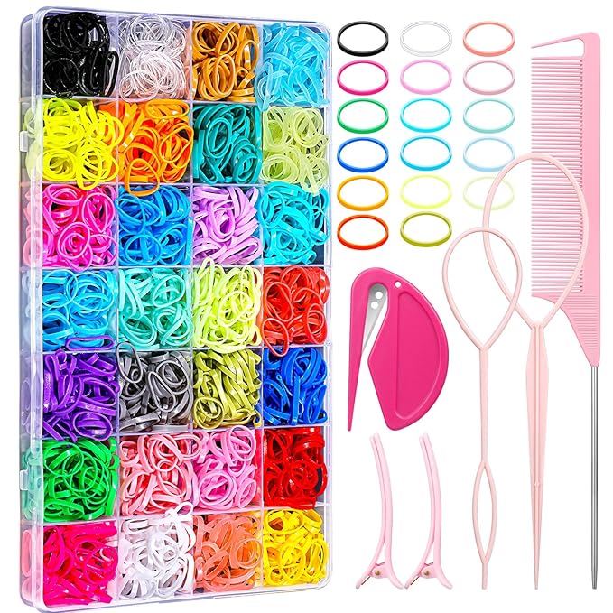 28 Colored Rubber Bands for Hair, 1500 Pcs Small Girls Elastic Ties With 6 Styling Tools - Colorful Accessories for Baby Toddlers Kids