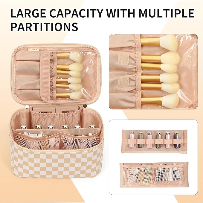 OCHEAL Makeup Bag,Travel Makeup Organizer Case, Large Capacity Cosmetic Bags for Wome Travel Toiletry Bag for Girls Traveling With Brush Slot And Divider-Plaid Beige