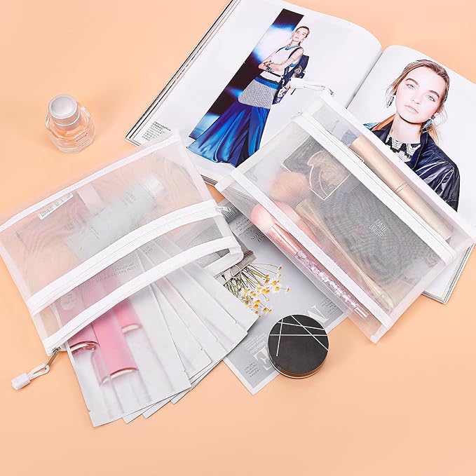 12 Pieces Zipper Nylon Mesh Pouch, Mesh Cosmetic Bags Makeup Bags Pencil Case, Multipurpose Travel Bags for Cosmetic School Office Supplies and Travel Accessories (2 Layers-White, A5)