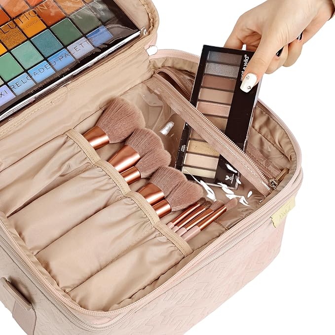 NISHEL Extra Large Double Layer Travel Makeup Bag Women, Cosmetic Organizer Case, Essentials Accessories with Shoulder Strap for Bottles, Brushes, Conditioner, Skin Care Products, Pink
