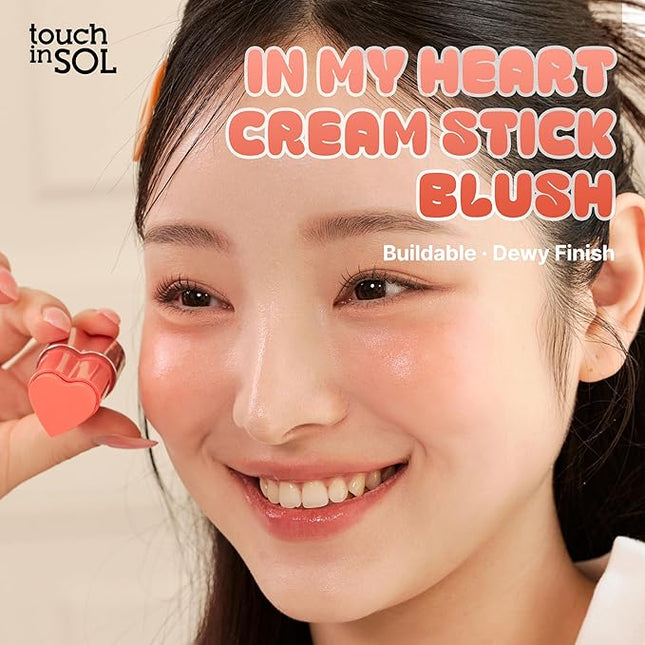 TOUCH IN SOL In My Heart Stick Blush (#Sunset Coral) - Cream Blush Stick for Korean Makeup, Lip & Cheek Multi-Use, Blendable Milk Blusher for Dewy Glow, Kbeauty (0.21 Oz)