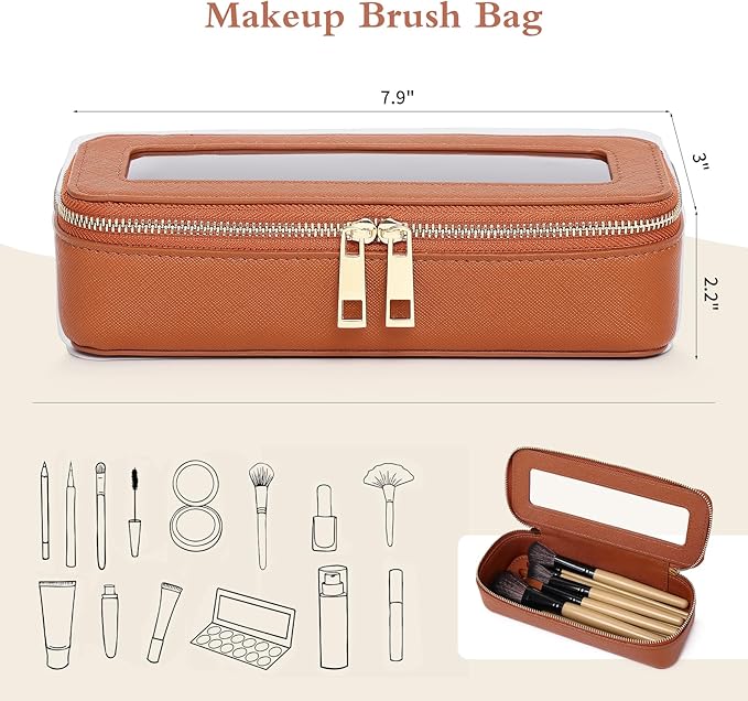 Pinkmik Makeup Brush Case Clear Travel Cosmetic & Toiletry Bag Small Makeup Bag with Zipper Purse Organizer Car Essential Bag for Women (X/Brown, SLIM)