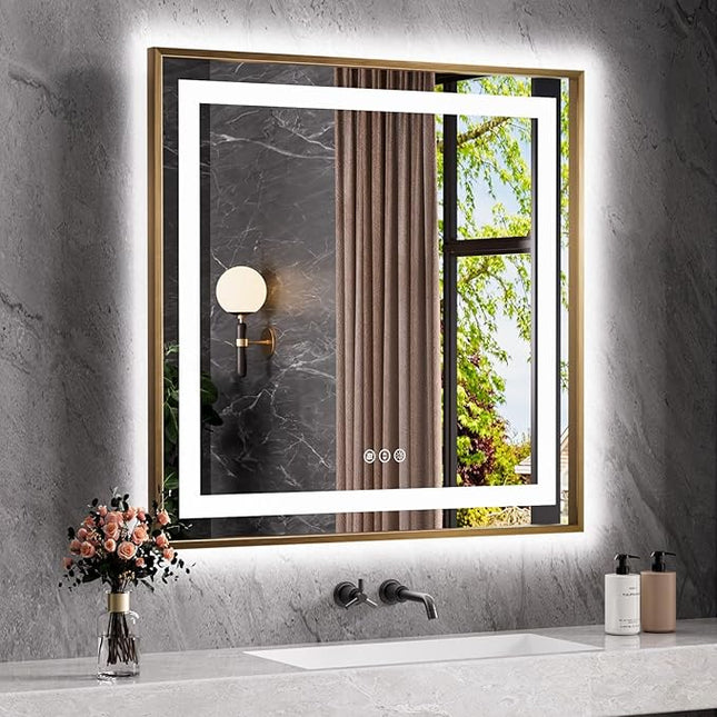 Amorho LED Bathroom Mirror, 36"X36" Gold Metal Framed Mirror with Front Light and Backlit, Stepless Dimmable, Anti-Fog, Shatter-Proof, Memory, 3 Colors