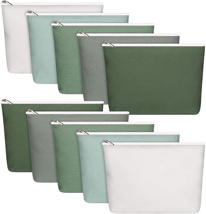 Reginary 10 Pcs Canvas Makeup Bags Bulk for Women Blank DIY Pencil Pouch Travel Toiletry Cosmetics Bags Gift for Christmas Breast Cancer Awareness Thanksgiving Wedding Nurses Teacher(Green)