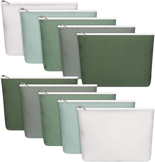 Reginary 10 Pcs Canvas Makeup Bags Bulk for Women Blank DIY Pencil Pouch Travel Toiletry Cosmetics Bags Gift for Christmas Breast Cancer Awareness Thanksgiving Wedding Nurses Teacher(Green)