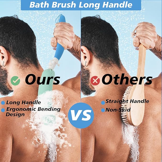 Shower Back Brush with Long Handle, 15.35" Body Brush, Long Handled Sponge Body Exfoliator, Loofah Back Scrubber for Men Women, Aid Bathing