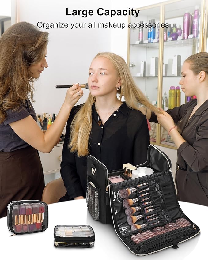 Large Makeup Carrying Train Case, Makeup Bag with 2 Small Bags, Professional Makeup Artist Bag Tattoo Case Travel Makeup Organizer Box with Adjustable Dividers and Shoulder Strap (Black)