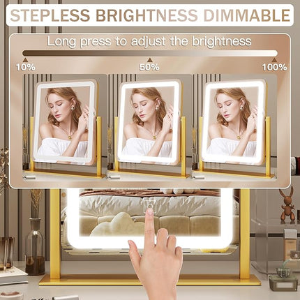 ROLOVE Gold Vanity Mirror with Lights, 15"x13" Lighted Makeup Mirror with Smart Touch, 3-Color Dimmable Lighting, 360° Rotation, Tabletop Mirror for Desk or Bedroom