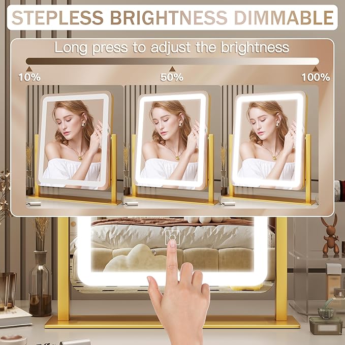 Gold Vanity Mirror with Lights, 15"x13" Lighted Makeup Mirror with Smart Touch, 3-Color Dimmable Lighting, 360° Rotation, Tabletop Mirror for Desk or Bedroom