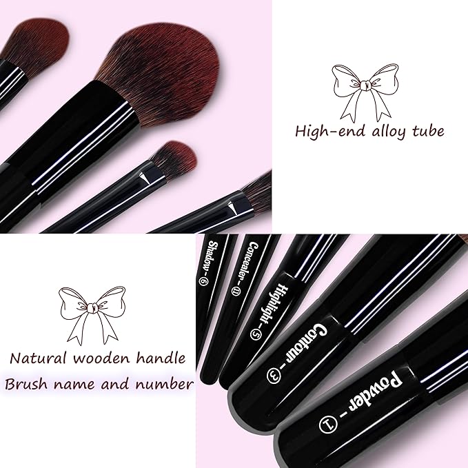 Jilier Travel Makeup Brush Set, 14 pcs Mini Makeup Brushes for Foundation, Powder, Eyeshadow, Highlight, Contour, Blush & Concealer, Small Makeup Brush Set Purse Size with Case (Black)