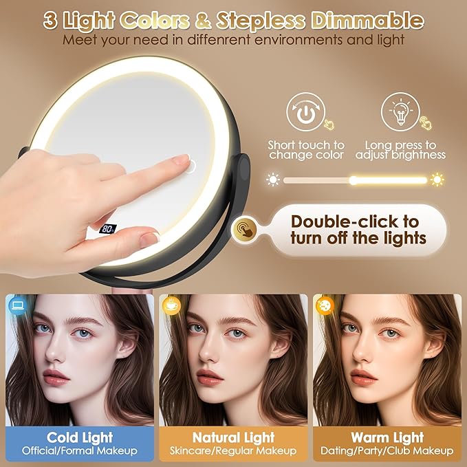 MIYADIVA Makeup Mirror with Lights, 30X/1X Magnifying Mirror with Digital Display, Height Adjustable Desk Mirror, Detachable for Travel, Vanity Mirror with Phone Holders and Tweezers, Black