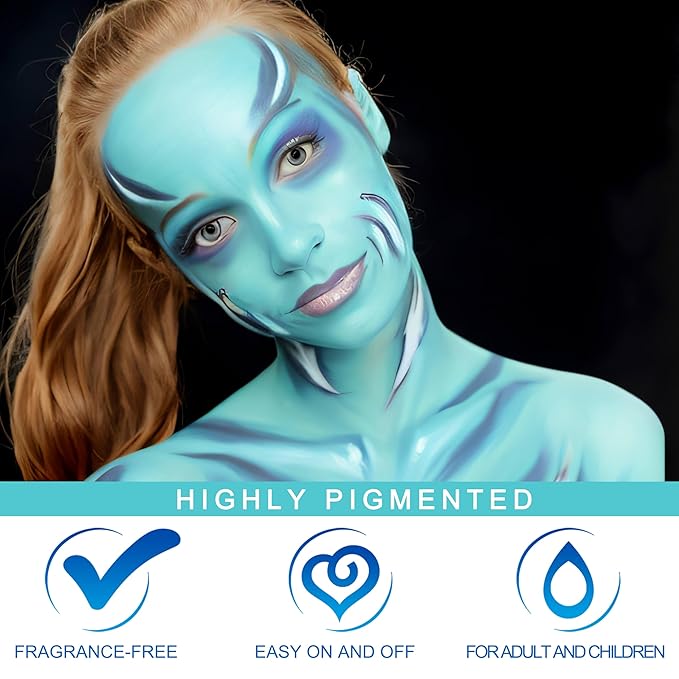 MEICOLY Teal Face Body Paint,Water Based Washable Body Paint,Cosplay Peacock Face Paint,Professional Face Painting for Halloween Stage SFX Special Effects Makeup