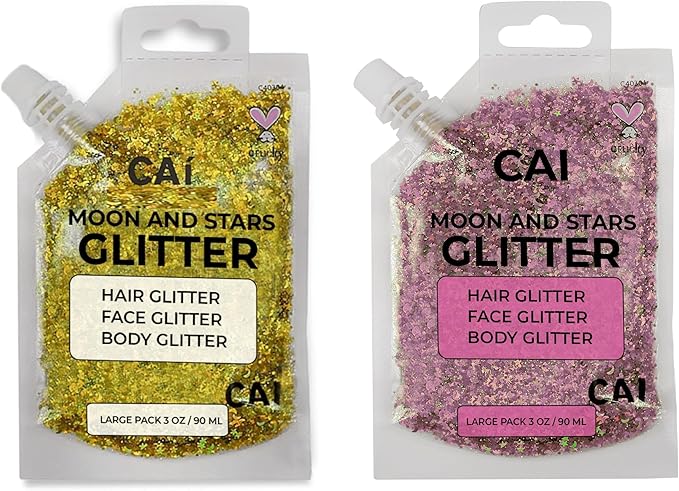 Face, Body & Hair Glitter Gel – Halloween Glitter for Kids and Women – 3 Oz Cosmetic-Grade Gel w/Moon & Stars for Festivals & Halloween Party, Easy Apply & Wash Off - Rose/Gold 2Pack
