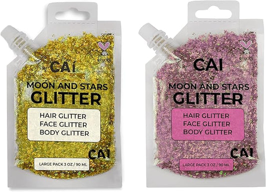 Face, Body & Hair Glitter Gel – Halloween Glitter for Kids and Women – 3 Oz Cosmetic-Grade Gel w/Moon & Stars for Festivals & Halloween Party, Easy Apply & Wash Off - Rose/Gold 2Pack