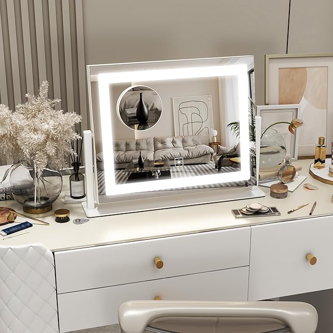 16x12 Inch Vanity Mirror with Lights, Lighted Makeup Mirror with 10X Magnification, Smart Touch 3 Colors Dimmable, Dresser Mount, Bathroom (White)