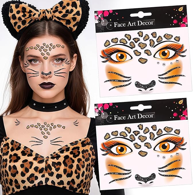 Face Stickers Gems Halloween Temporary Tattoo Sticker Animals Face Sticker Decal Body Face Self-adhesive Sticker Stage Makeup Party Cosplay Decoration 2pcs (cheetah)