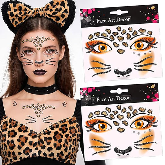Face Stickers Gems Halloween Temporary Tattoo Sticker Animals Face Sticker Decal Body Face Self-adhesive Sticker Stage Makeup Party Cosplay Decoration 2pcs (cheetah)