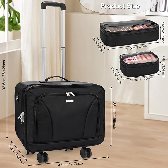 MONSTINA Rolling Makeup Train Case with Detachable Universal Wheels,Professional Trolley Cosmetic Case, 3-Layer Cosmetic Organizer, Extra Large Makeup Travel Bag for Makeup Artist Hairstylist