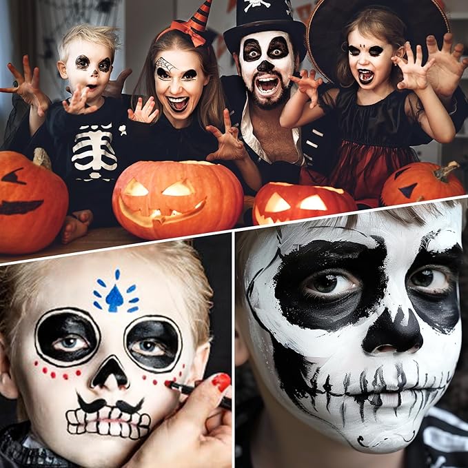 Black and White Face Paint Skeleton Makeup Kit Halloween Character Set for Kids Adults, Safe Non-Toxic Skull/Ghoul Face Painting Kit for Stage, Costume Parties, Dress Up Cosplay & Special FX Make-Up